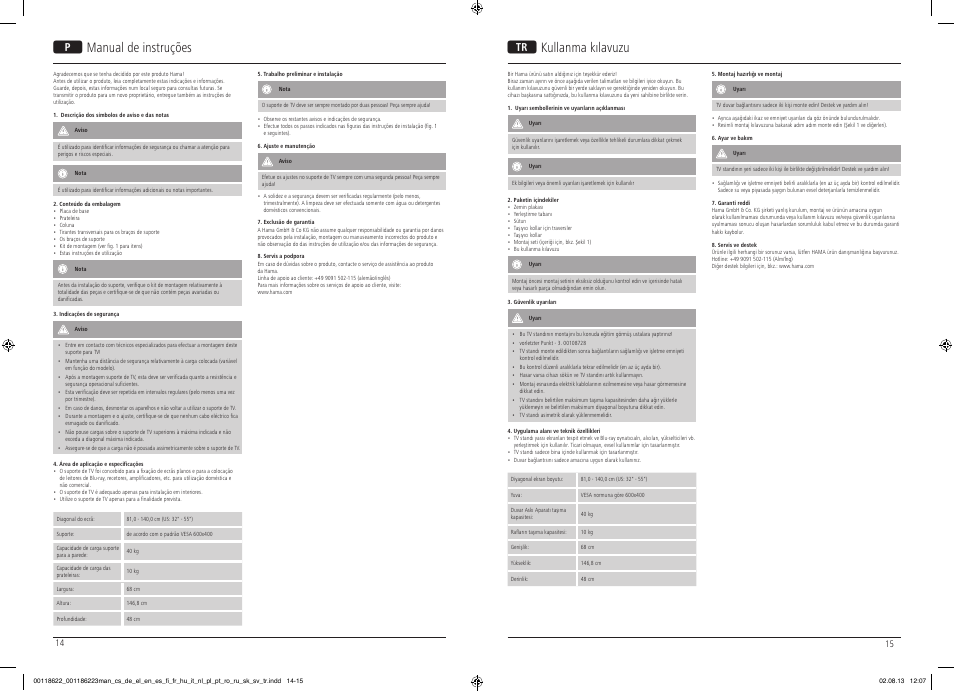 Omanual de instruções t kullanma kılavuzu | Hama TV Stand 1468mm User Manual | Page 8 / 10