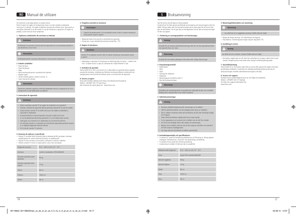 Mmanual de utilizare s bruksanvisning | Hama TV Stand 1468mm User Manual | Page 9 / 10