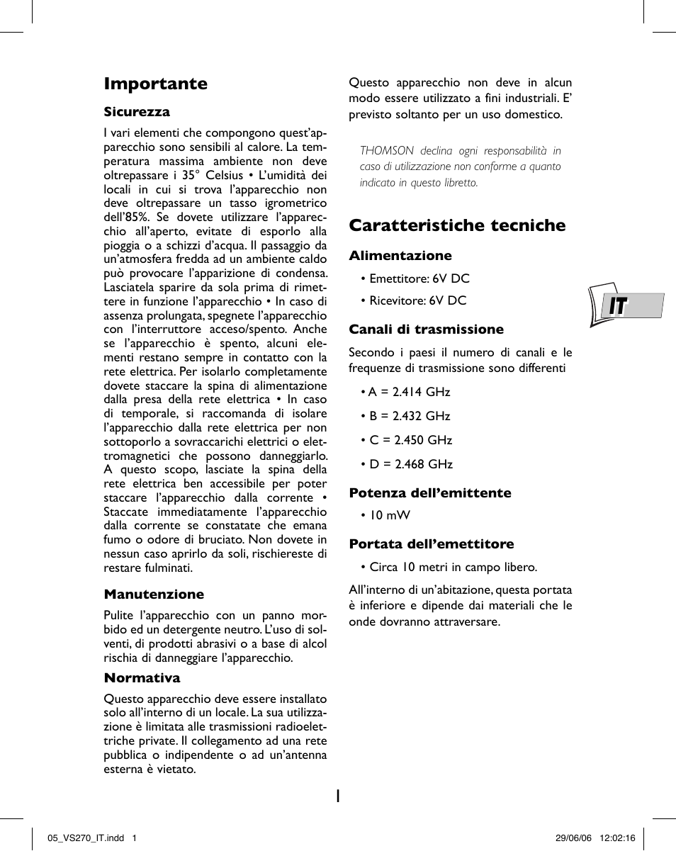 Importante, Caratteristiche tecniche | Hama VS270 User Manual | Page 11 / 32
