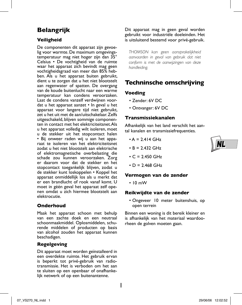 Belangrijk, Techninsche omschrijving | Hama VS270 User Manual | Page 15 / 32