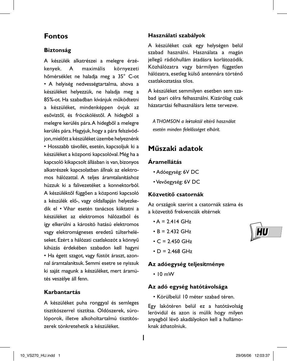 Fontos, Műszaki adatok | Hama VS270 User Manual | Page 21 / 32