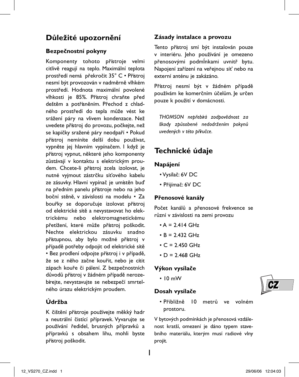 Důležité upozornění, Technické údaje | Hama VS270 User Manual | Page 25 / 32