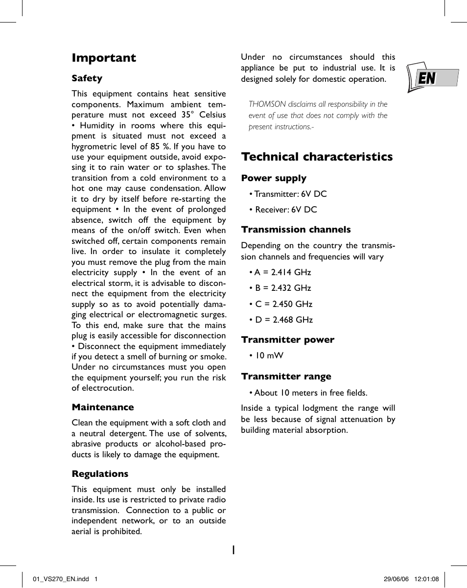 Important, Technical characteristics | Hama VS270 User Manual | Page 3 / 32