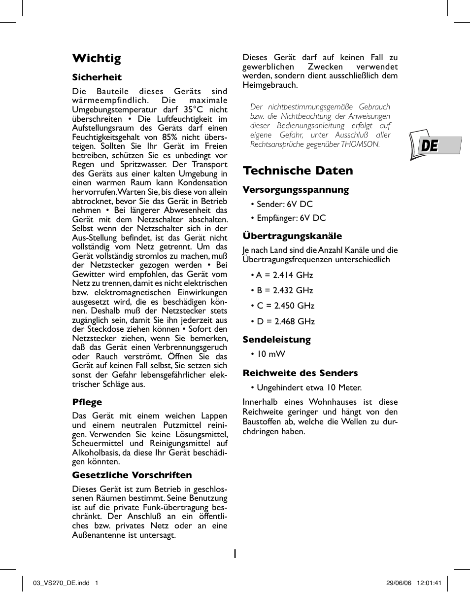 Wichtig, Technische daten | Hama VS270 User Manual | Page 7 / 32