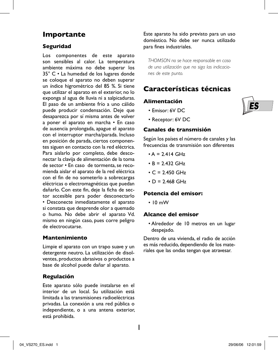 Importante, Características técnicas | Hama VS270 User Manual | Page 9 / 32