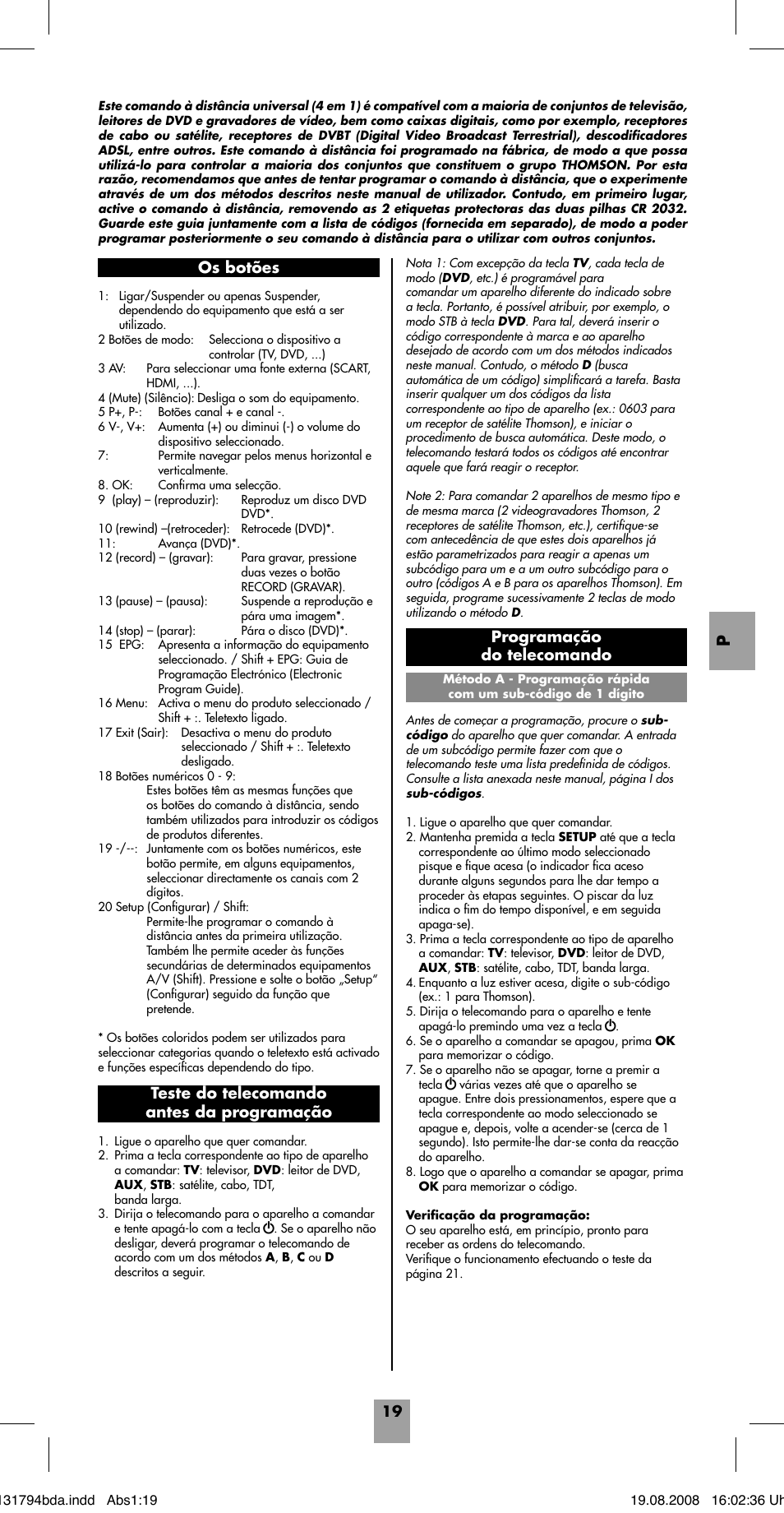 Programação do telecomando | Hama ROC4228 User Manual | Page 24 / 54