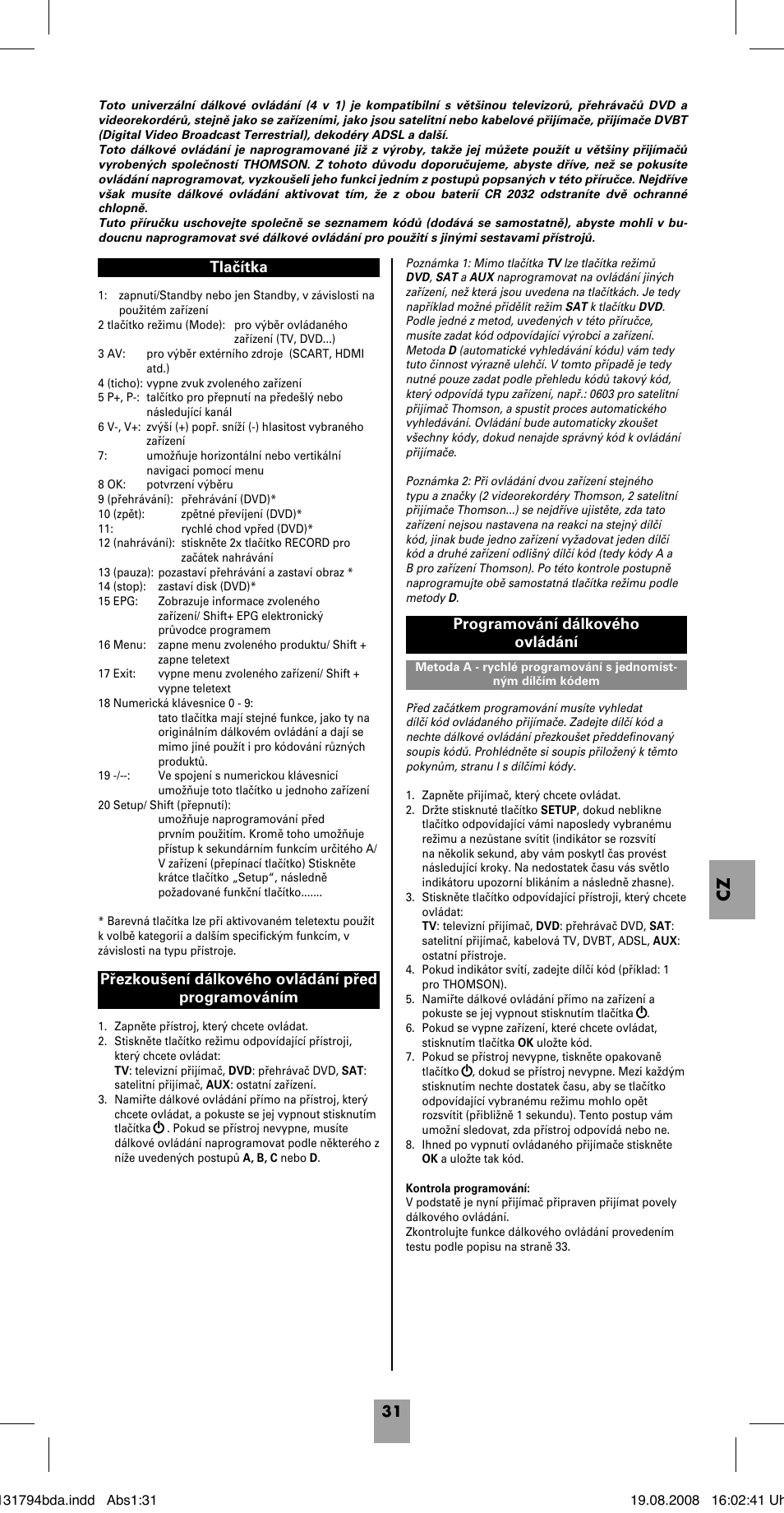 Programování dálkového ovládání | Hama ROC4228 User Manual | Page 36 / 54