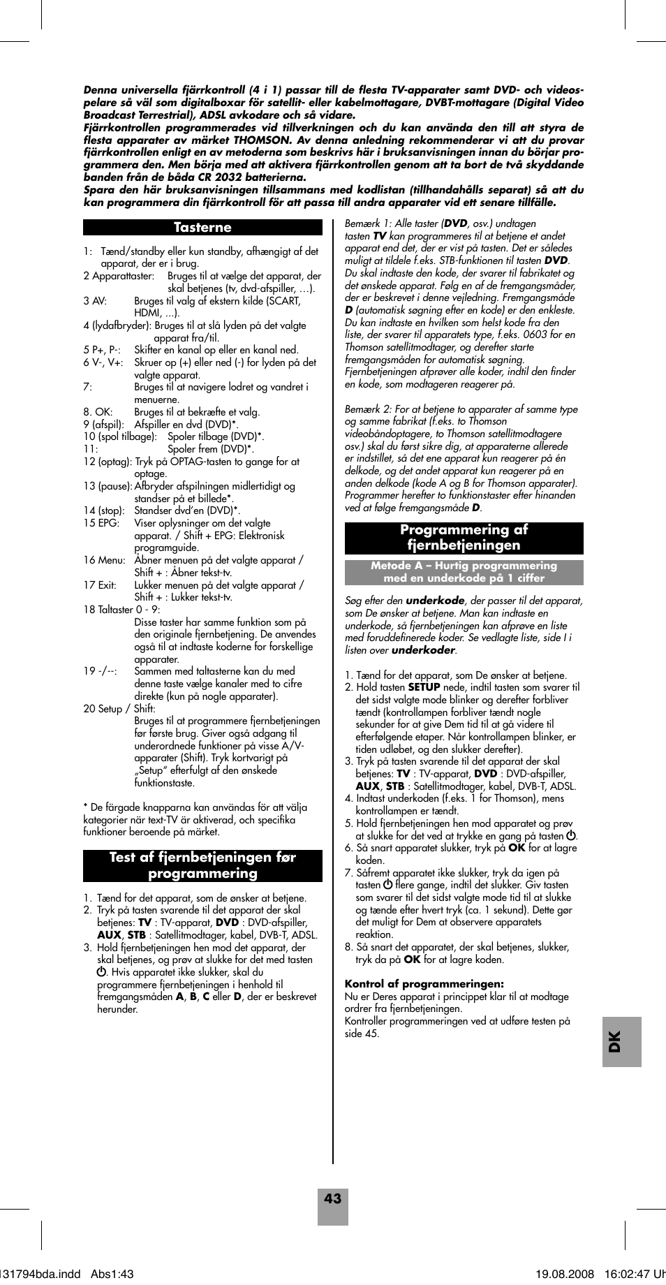 Programmering af fjernbetjeningen | Hama ROC4228 User Manual | Page 48 / 54