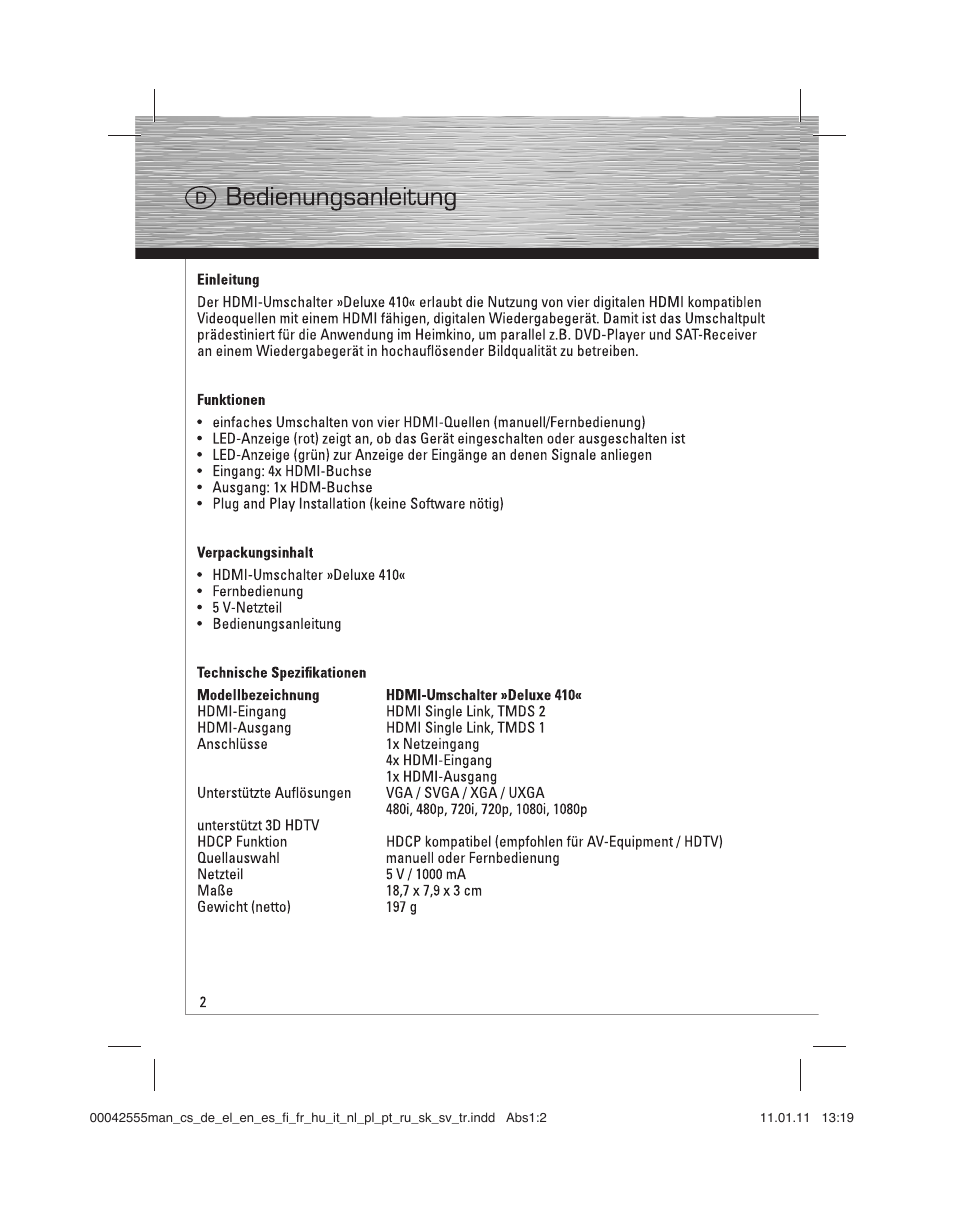 Hama HDMI Switcher Deluxe 410 User Manual | Page 2 / 36