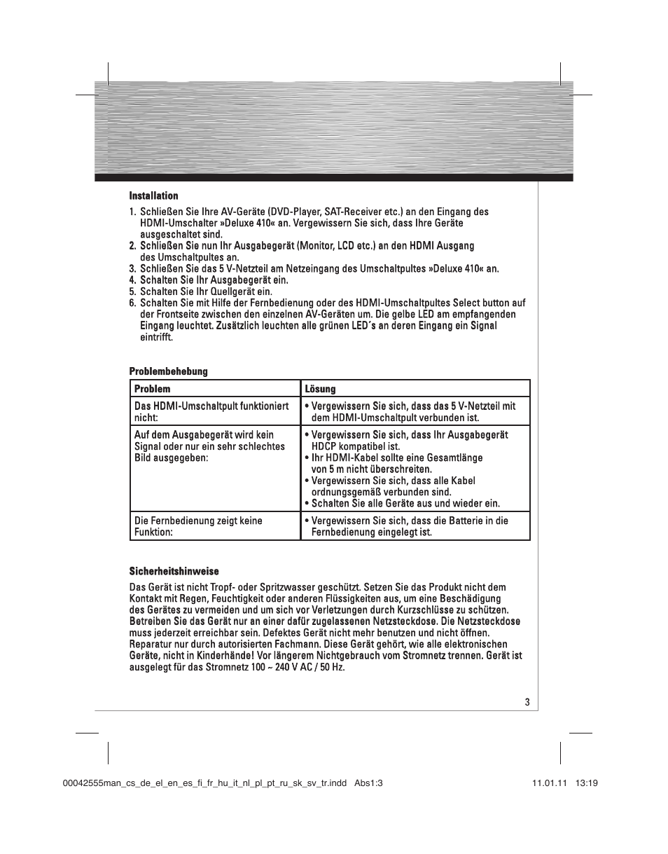 Hama HDMI Switcher Deluxe 410 User Manual | Page 3 / 36