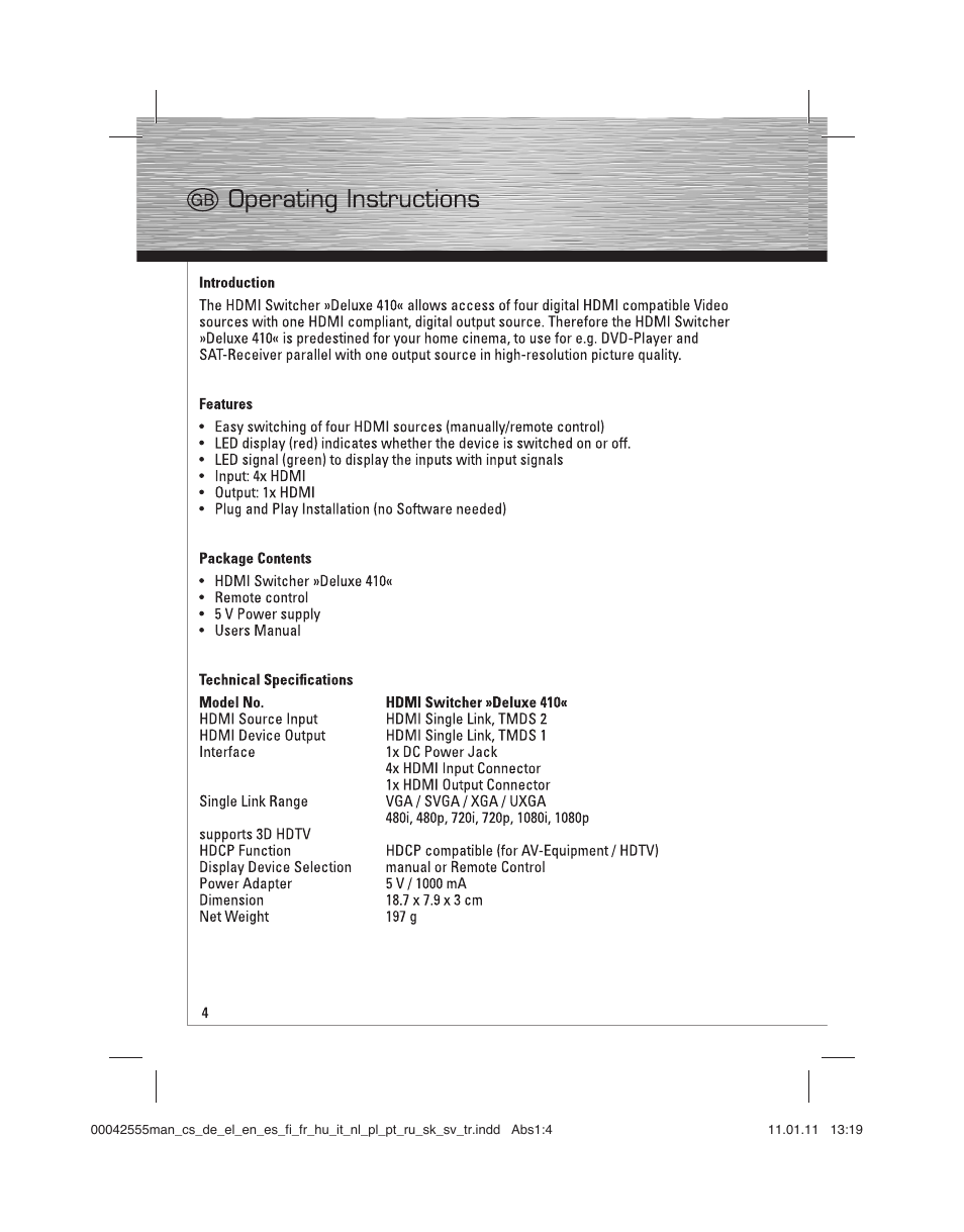 Hama HDMI Switcher Deluxe 410 User Manual | Page 4 / 36