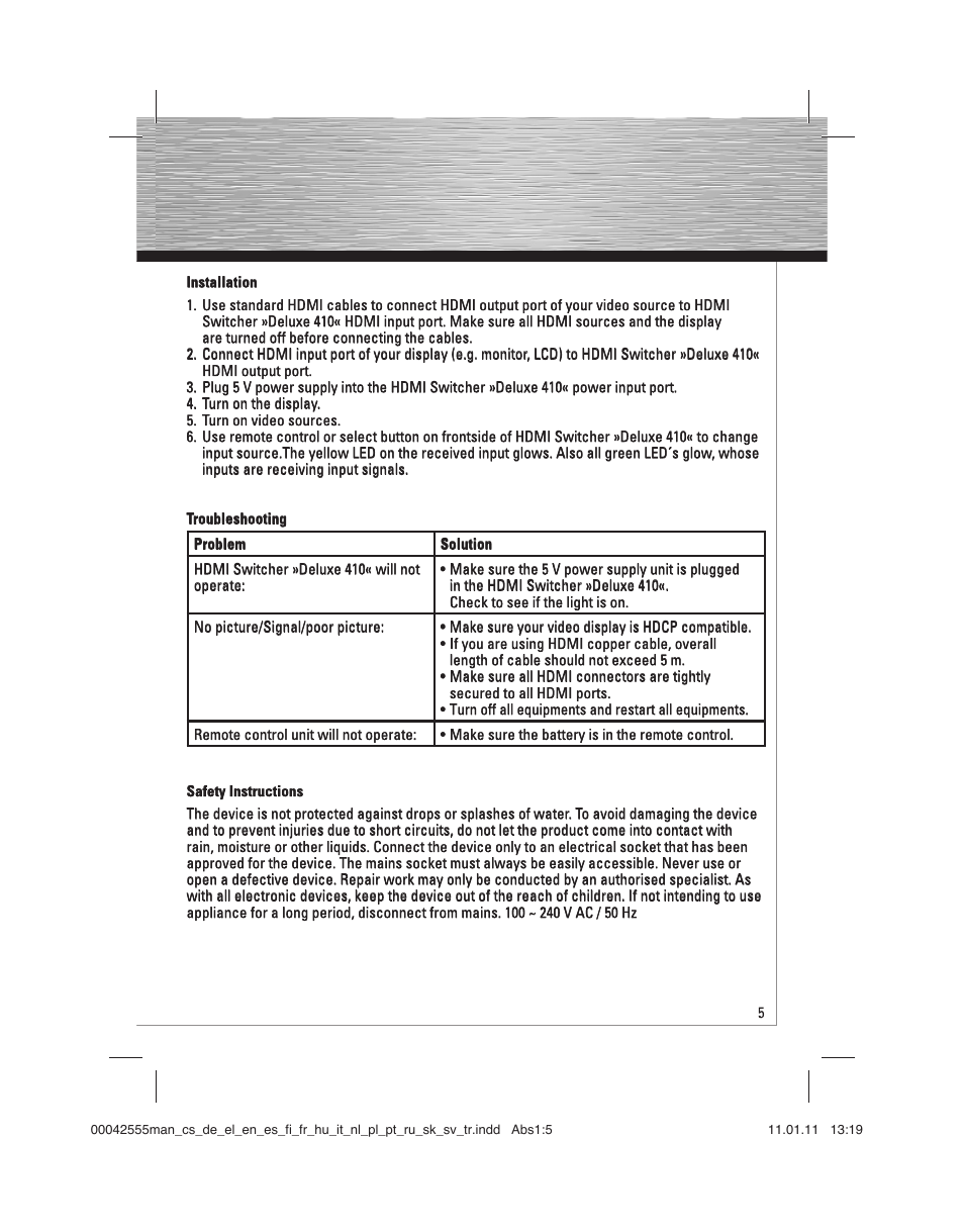 Hama HDMI Switcher Deluxe 410 User Manual | Page 5 / 36
