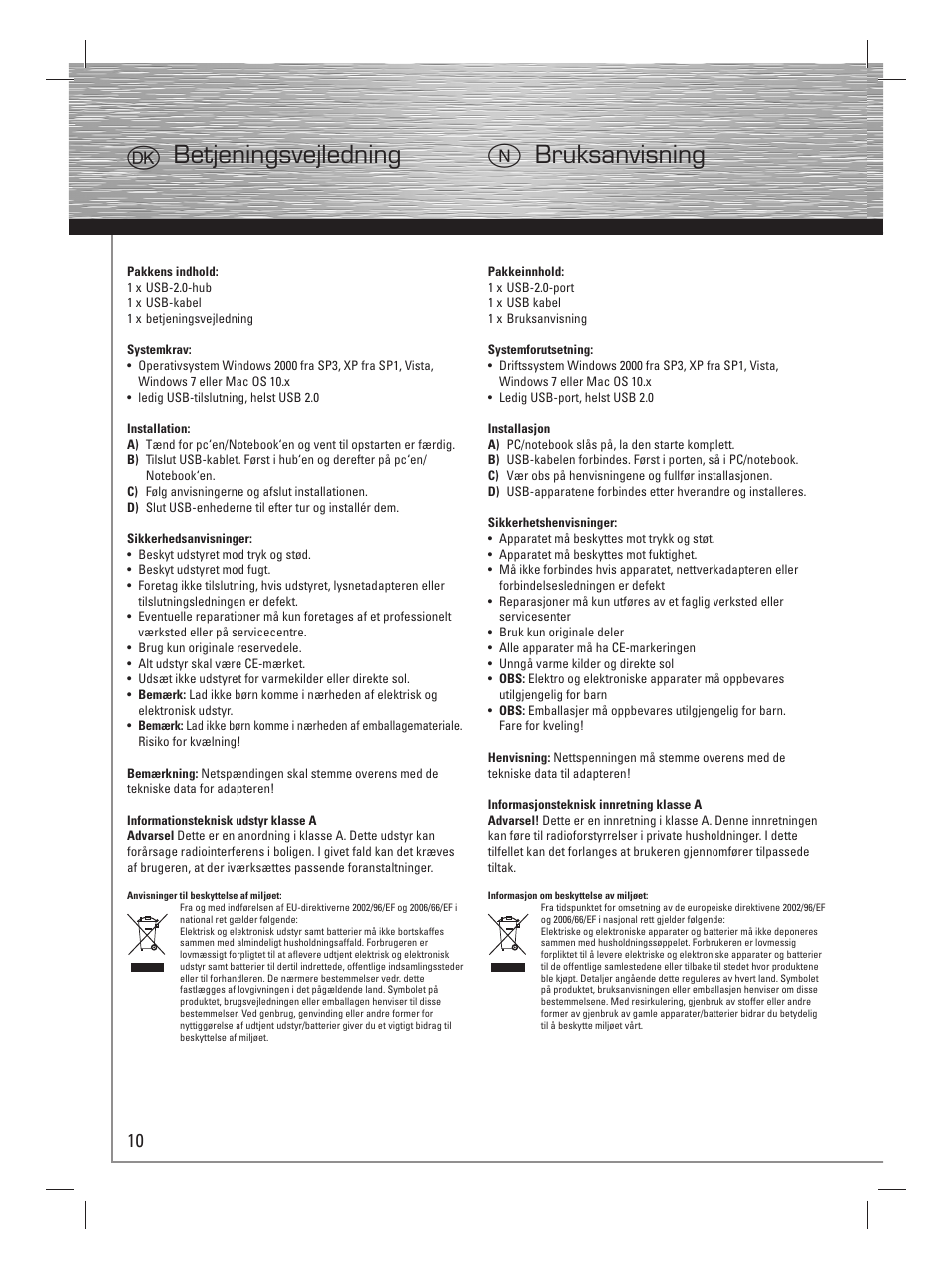 Jbetjeningsvejledning n bruksanvisning | Hama Bean USB 2.0 Hub User Manual | Page 13 / 14