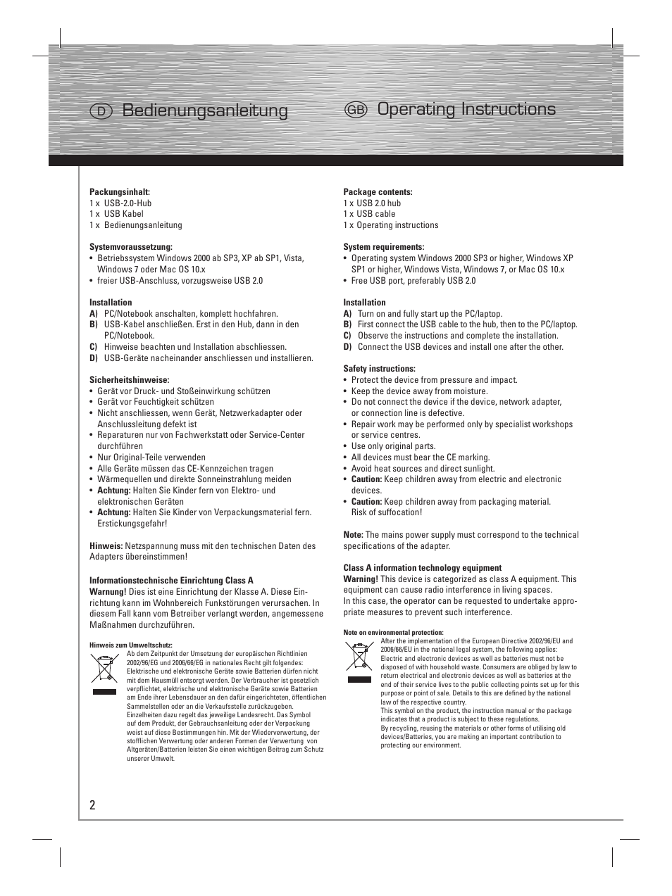 D bedienungsanleitung g operating instructions | Hama Bean USB 2.0 Hub User Manual | Page 5 / 14