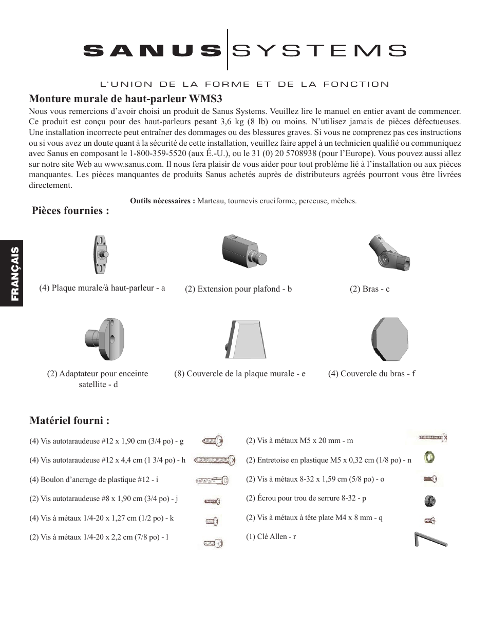 Matériel fourni, Monture murale de haut-parleur wms3, Pièces fournies | Hama WMS3 User Manual | Page 12 / 26