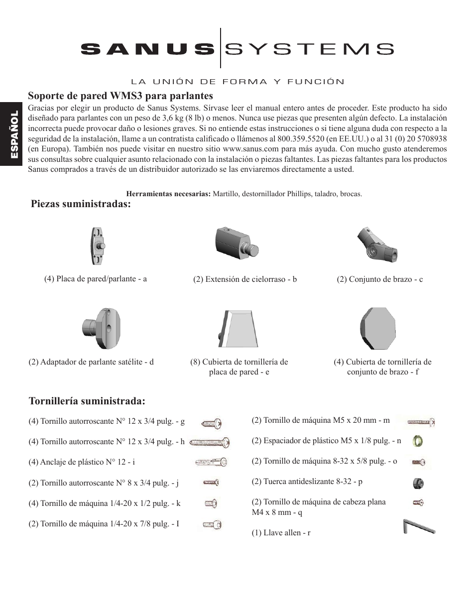 Tornillería suministrada, Soporte de pared wms3 para parlantes, Piezas suministradas | Hama WMS3 User Manual | Page 6 / 26