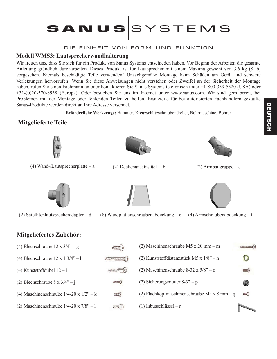 Mitgeliefertes zubehör, Mitgelieferte teile | Hama WMS3 User Manual | Page 9 / 26