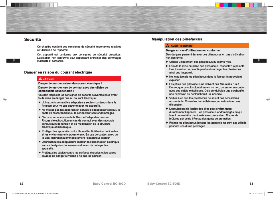 Sécurité | Hama BC-500D User Manual | Page 32 / 85
