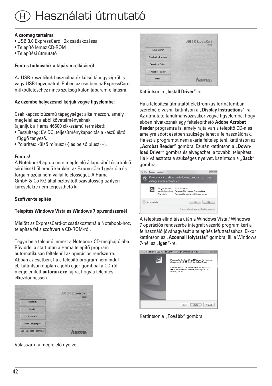Hhasználati útmutató | Hama ExpressCard USB 3.0 User Manual | Page 42 / 72