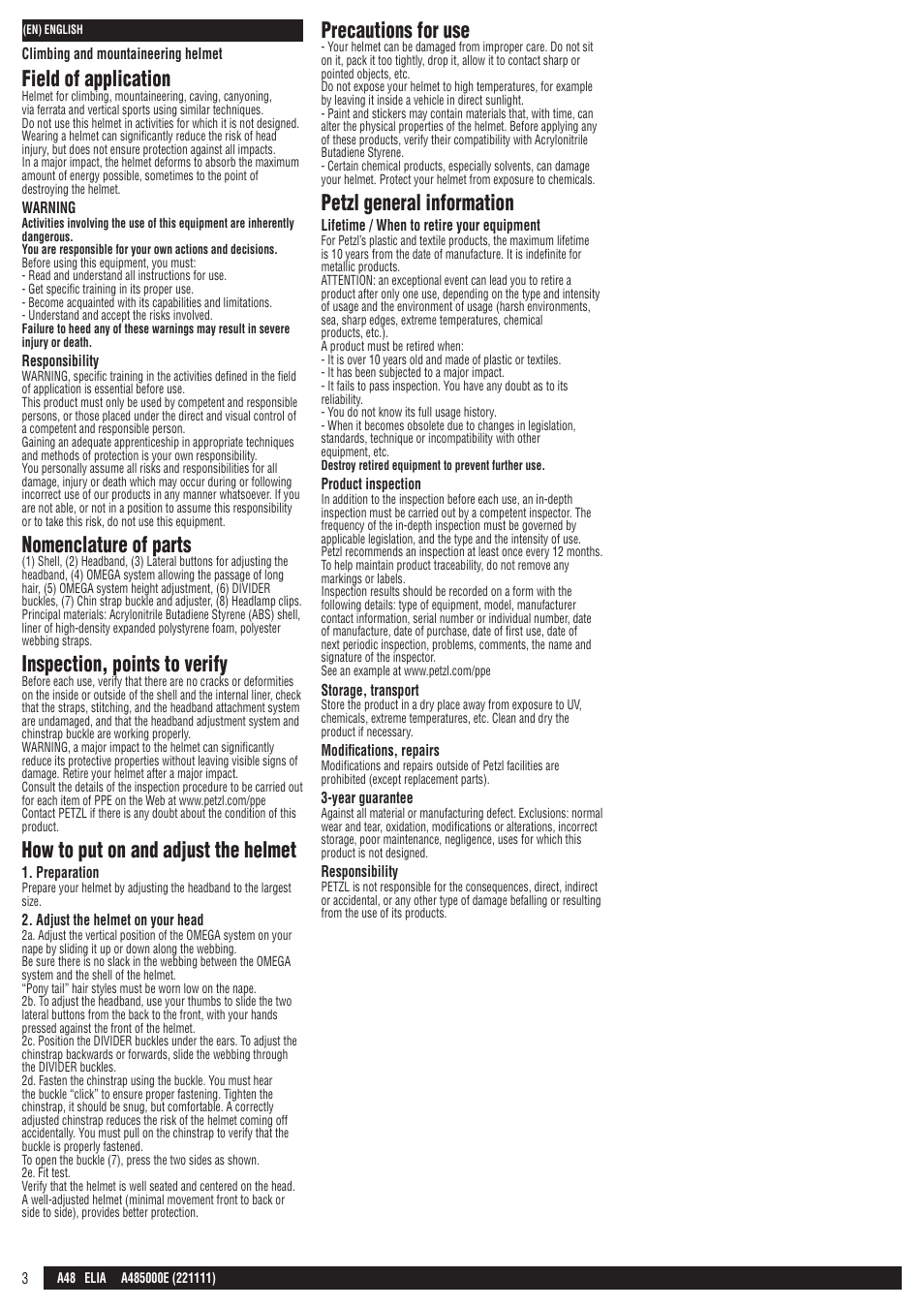 Field of application, Nomenclature of parts, Inspection, points to verify | How to put on and adjust the helmet, Precautions for use, Petzl general information | Petzl ELIA User Manual | Page 3 / 21