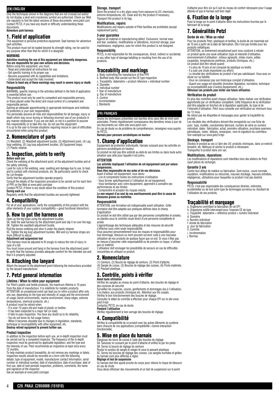 En + fr, Field of application, Nomenclature of parts | Inspection, points to verify, Compatibility, How to put the harness on, Attaching the lanyard, Petzl general information, Traceability and markings, Champ d’application | Petzl PANJI User Manual | Page 4 / 14
