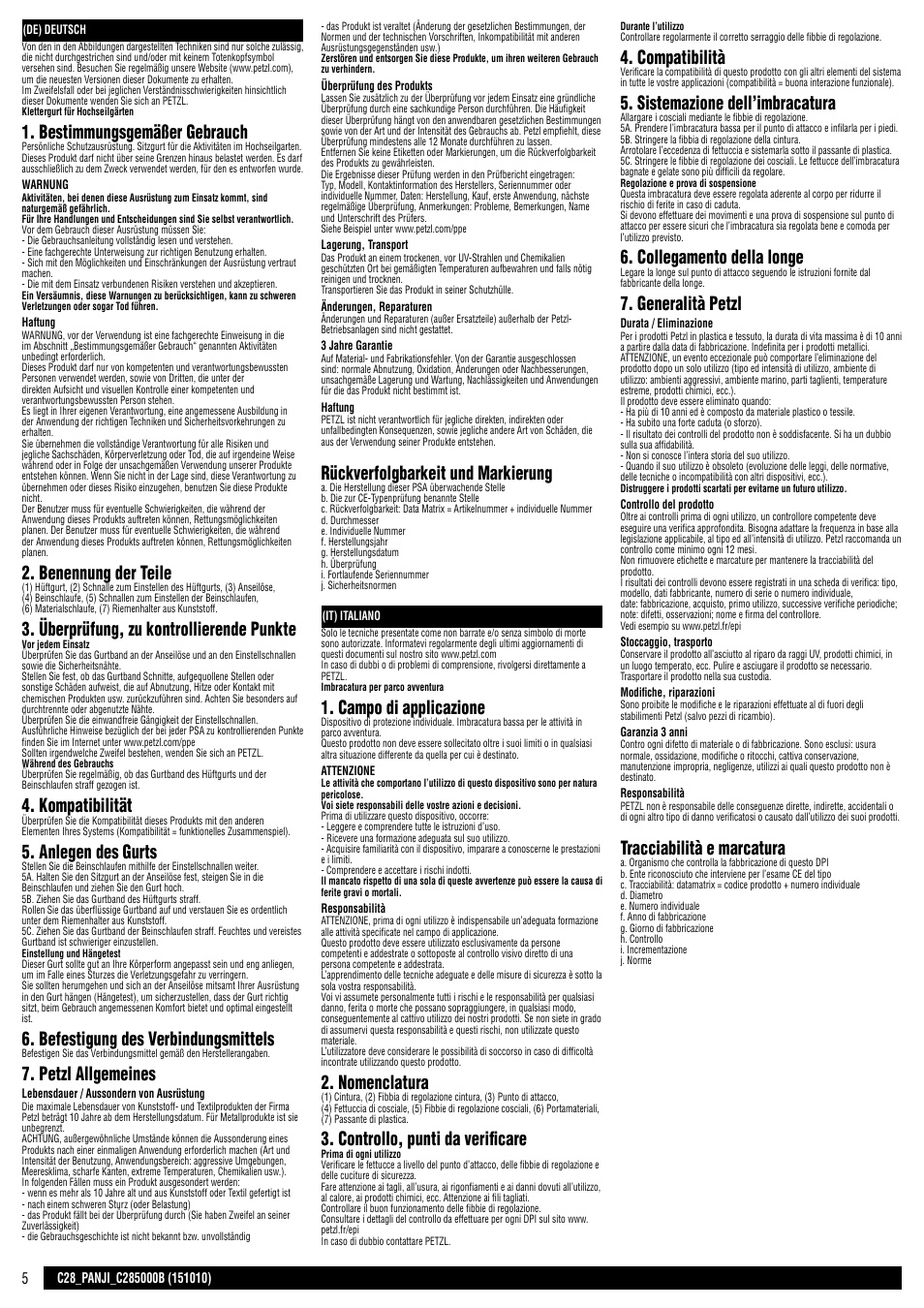 De + it, Bestimmungsgemäßer gebrauch, Benennung der teile | Überprüfung, zu kontrollierende punkte, Kompatibilität, Anlegen des gurts, Befestigung des verbindungsmittels, Petzl allgemeines, Rückverfolgbarkeit und markierung, Campo di applicazione | Petzl PANJI User Manual | Page 5 / 14