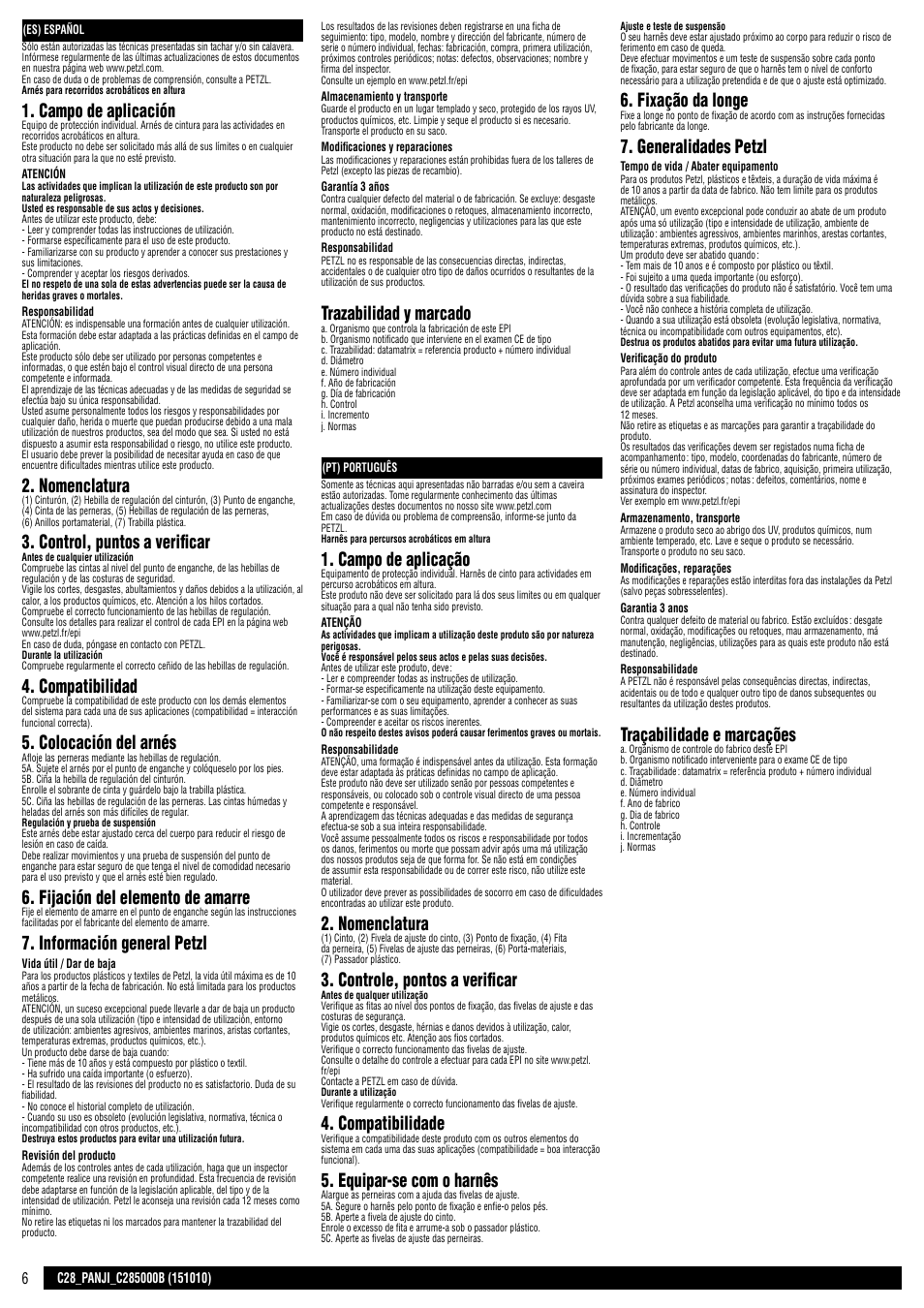 Es + pt, Campo de aplicación, Nomenclatura | Control, puntos a verificar, Compatibilidad, Colocación del arnés, Fijación del elemento de amarre, Información general petzl, Trazabilidad y marcado, Campo de aplicação | Petzl PANJI User Manual | Page 6 / 14