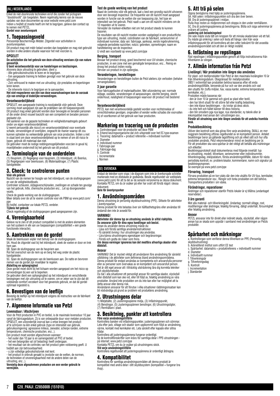 Nl + se, Toepassingsveld, Terminologie van de onderdelen | Check: te controleren punten, Verenigbaarheid, Aantrekken van de gordel, Bevestigen van de leeflijn, Algemene informatie van petzl, Markering en tracering van de producten, Användningsområden | Petzl PANJI User Manual | Page 7 / 14