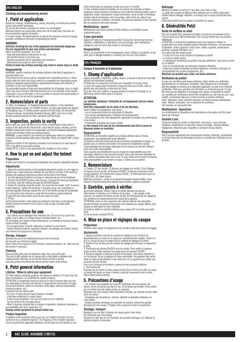 En, fr, Field of application, Nomenclature of parts | Inspection, points to verify, How to put on and adjust the helmet, Precautions for use, Petzl general information, Champ d’application, Nomenclature, Contrôle, points à vérifier | Petzl SPELIOS User Manual | Page 3 / 14