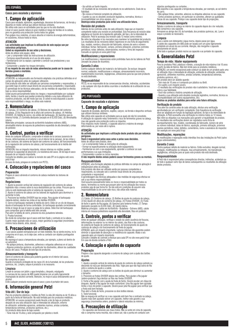 Es, pt, Campo de aplicación, Nomenclatura | Control, puntos a verificar, Colocación y regulaciones del casco, Precauciones de utilización, Información general petzl, Campo de aplicação, Controle, pontos a verificar, Colocação e ajustes do capacete | Petzl SPELIOS User Manual | Page 5 / 14