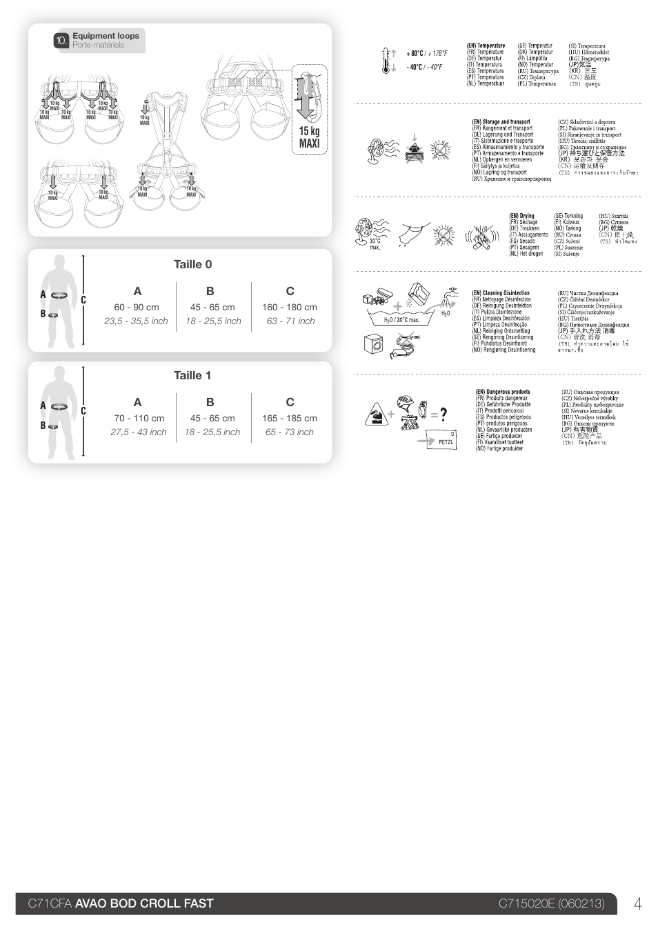 Drawings, 15 kg maxi, Taille 1 a | Taille 0 a | Petzl AVAO BOD CROLL FAST User Manual | Page 4 / 24