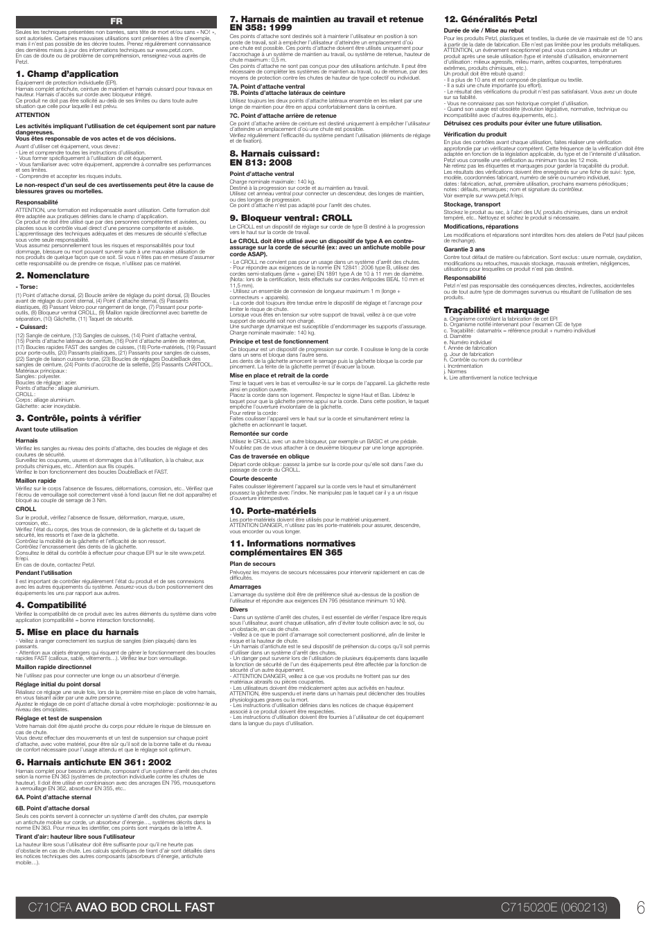 Champ d’application, Nomenclature, Contrôle, points à vérifier | Compatibilité, Mise en place du harnais, Bloqueur ventral : croll, Porte-matériels, Informations normatives complémentaires en 365, Généralités petzl, Traçabilité et marquage | Petzl AVAO BOD CROLL FAST User Manual | Page 6 / 24