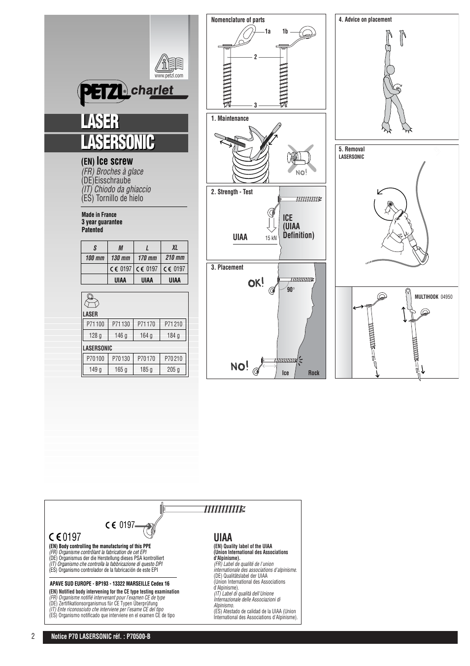 Drawings, Laser, Laser lasersonic lasersonic | Ice screw, Uiaa | Petzl LASER SONIC User Manual | Page 2 / 21