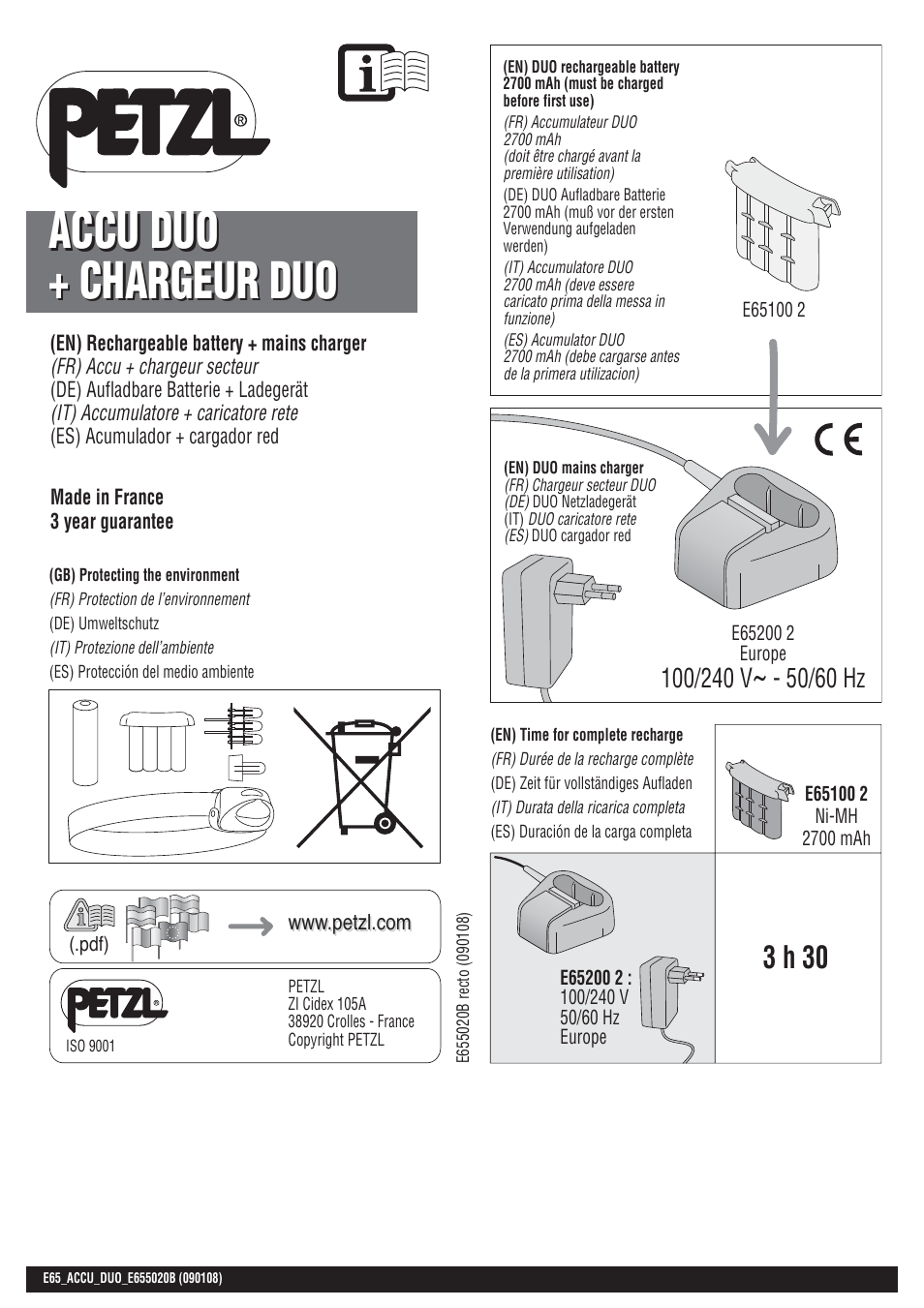 Petzl DUO wall charger User Manual | 6 pages