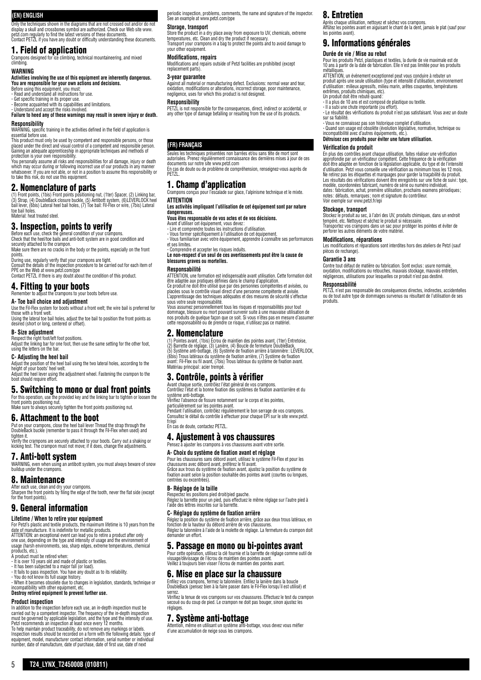 En - fr, Field of application, Nomenclature of parts | Inspection, points to verify, Fitting to your boots, Switching to mono or dual front points, Attachment to the boot, Anti-bott system, Maintenance, General information | Petzl LYNX User Manual | Page 5 / 15