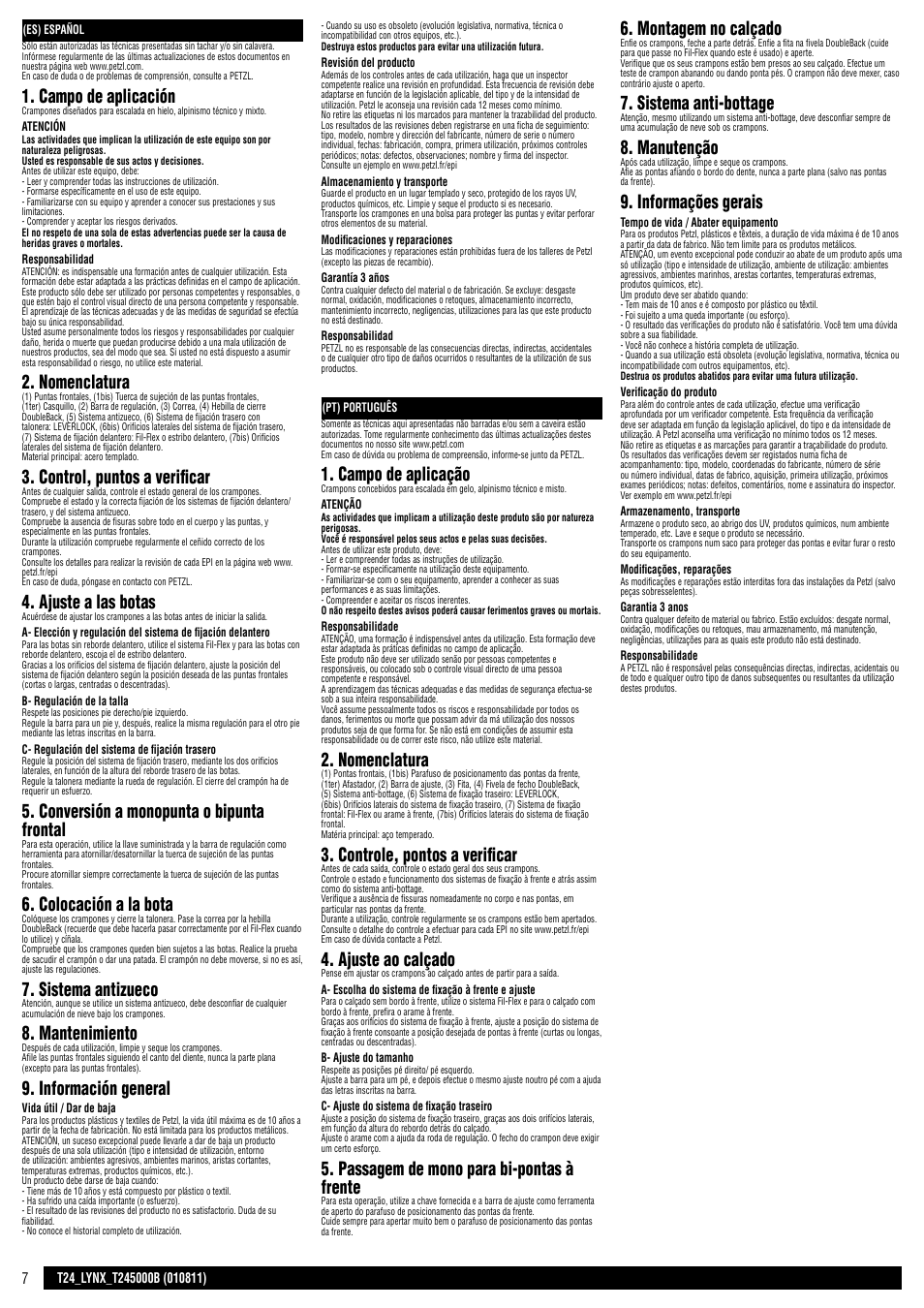 Es - pt, Campo de aplicación, Nomenclatura | Control, puntos a verificar, Ajuste a las botas, Conversión a monopunta o bipunta frontal, Colocación a la bota, Sistema antizueco, Mantenimiento, Información general | Petzl LYNX User Manual | Page 7 / 15