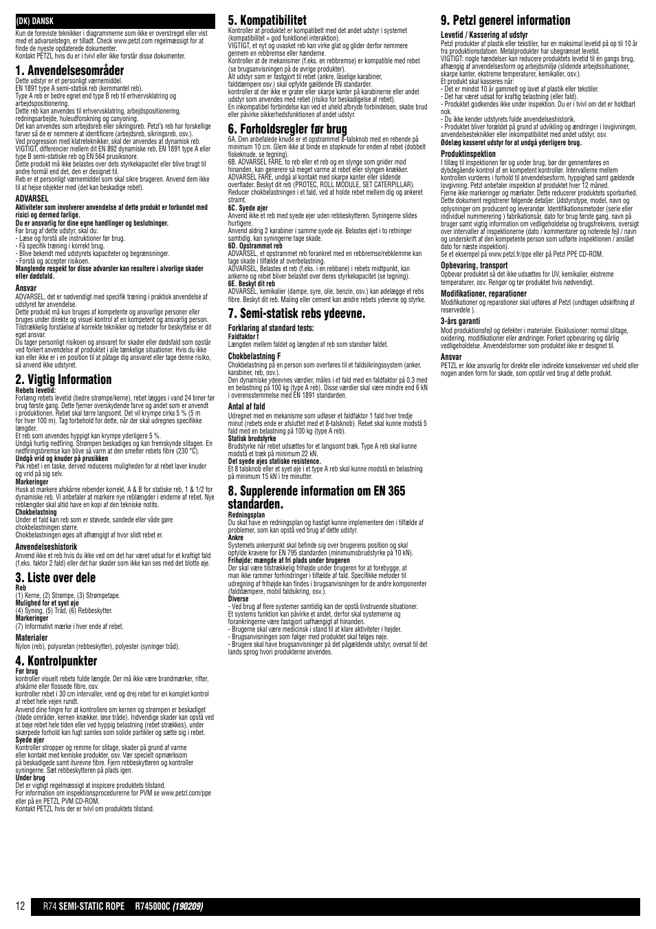 Anvendelsesområder, Vigtig information, Liste over dele | Kontrolpunkter, Kompatibilitet, Forholdsregler før brug, Semi-statisk rebs ydeevne, Supplerende information om en 365 standarden, Petzl generel information | Petzl Веревки Petzl User Manual | Page 12 / 25