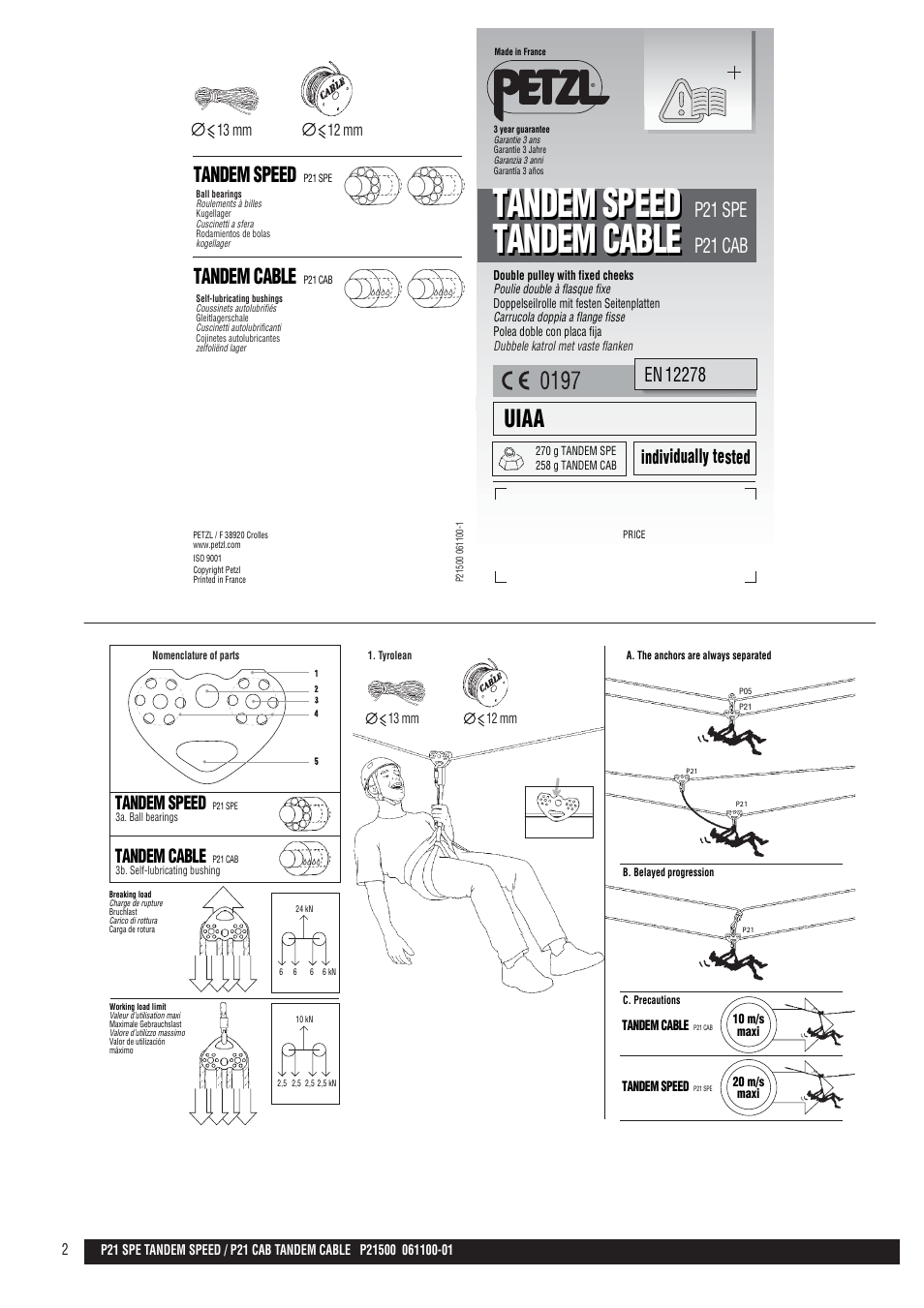 Drawings, Tandem speed tandem cable tandem speed, Uiaa | P21 spe, P21 cab, Tandem speed, Tandem cable, Individually tested | Petzl TANDEM SPEED User Manual | Page 2 / 10