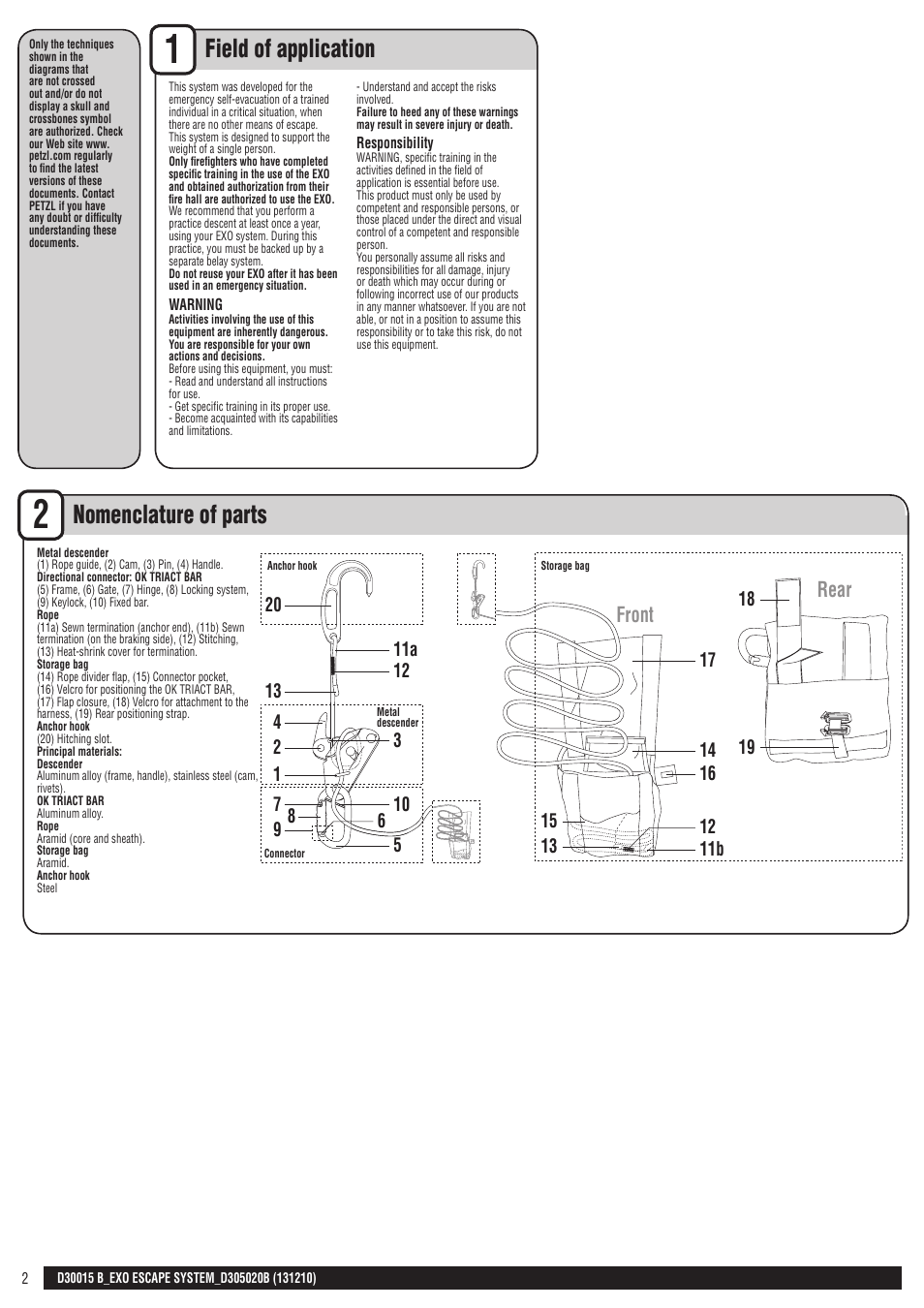 Drawings + en, Field of application nomenclature of parts, Front rear | Petzl EXO ESCAPE SYSTEM User Manual | Page 2 / 24