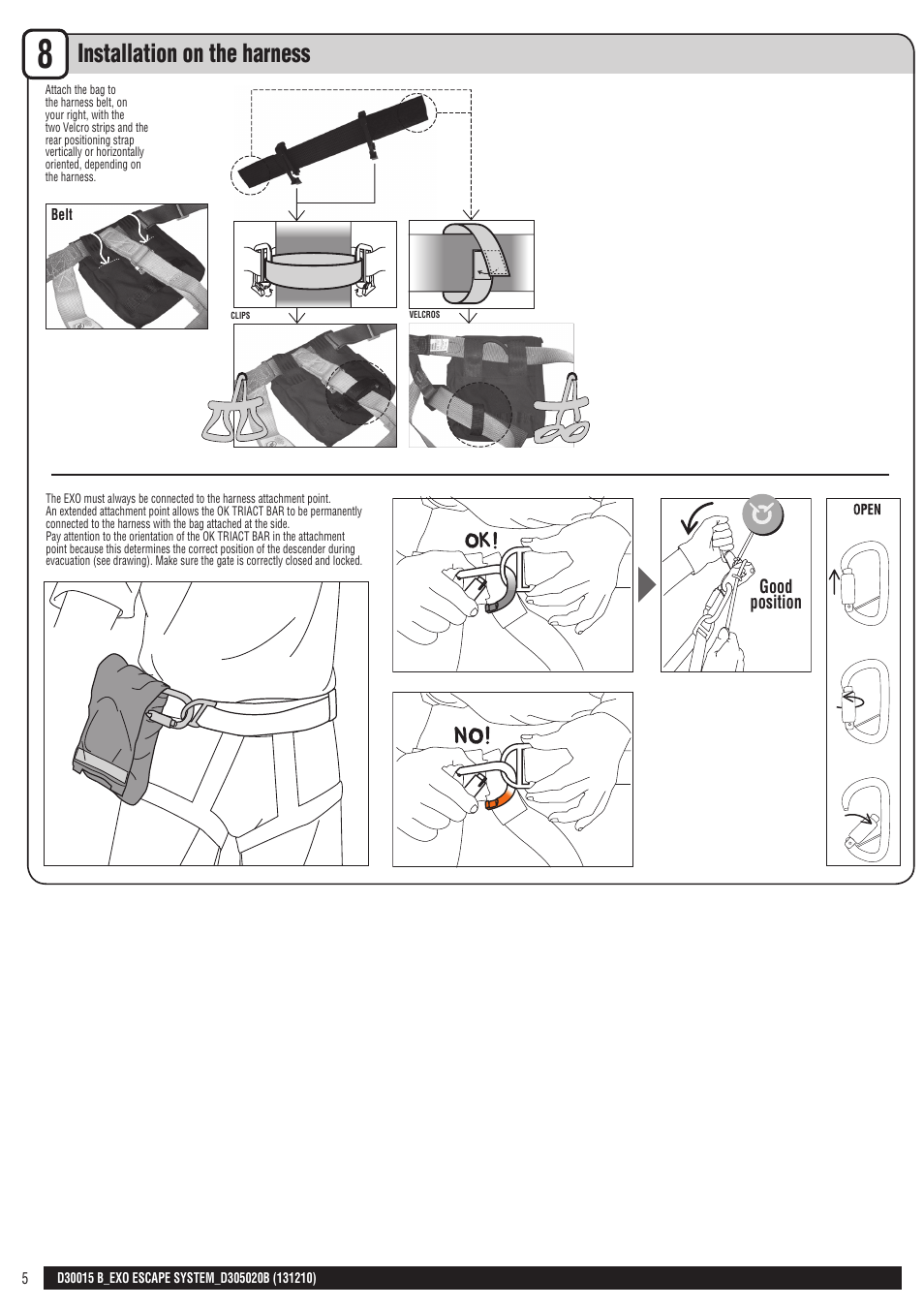 Drawings + en, Installation on the harness, Good position | Petzl EXO ESCAPE SYSTEM User Manual | Page 5 / 24