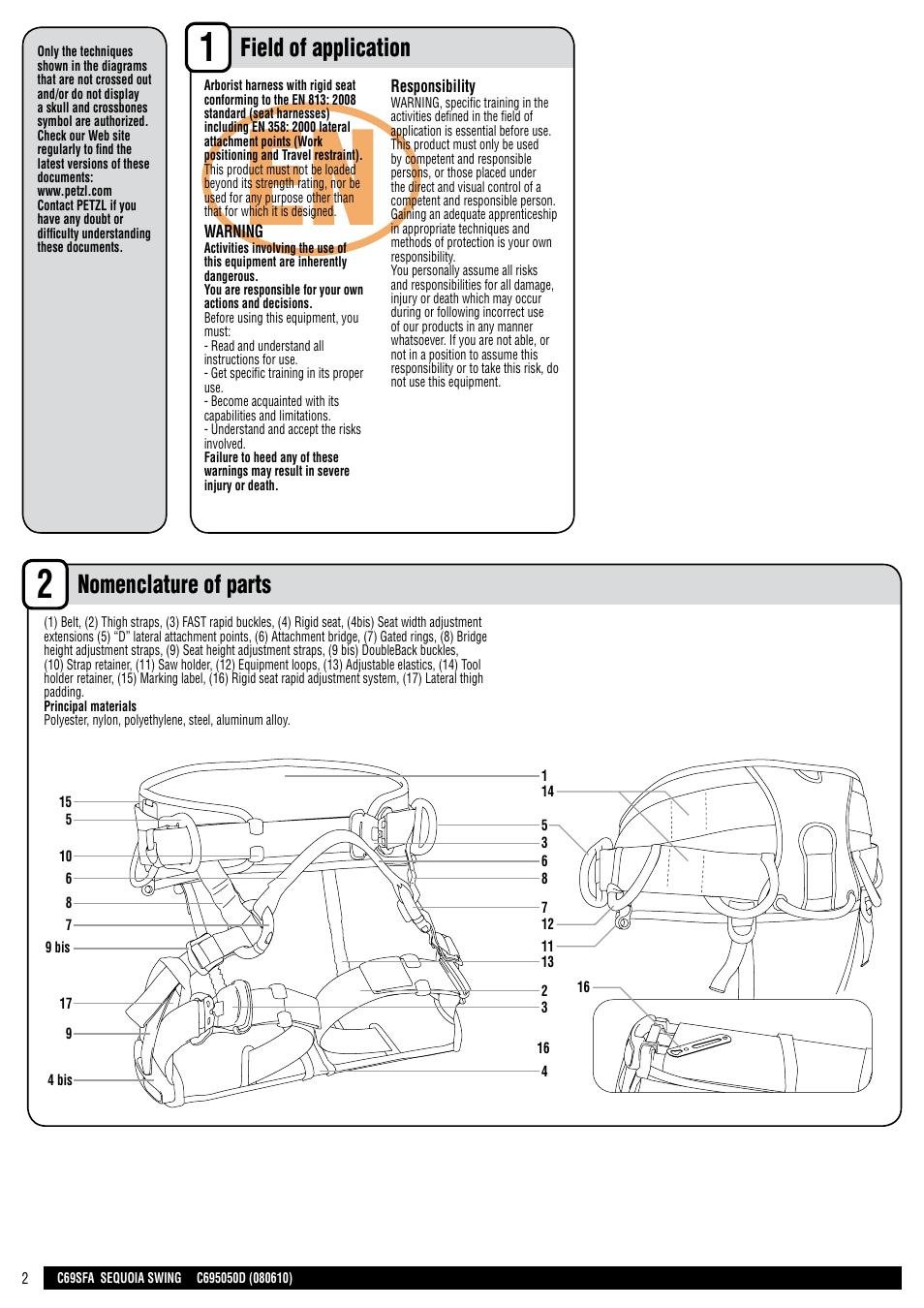 En + drawings, Field of application, Nomenclature of parts | Petzl SEQUOIA SWING User Manual | Page 2 / 26