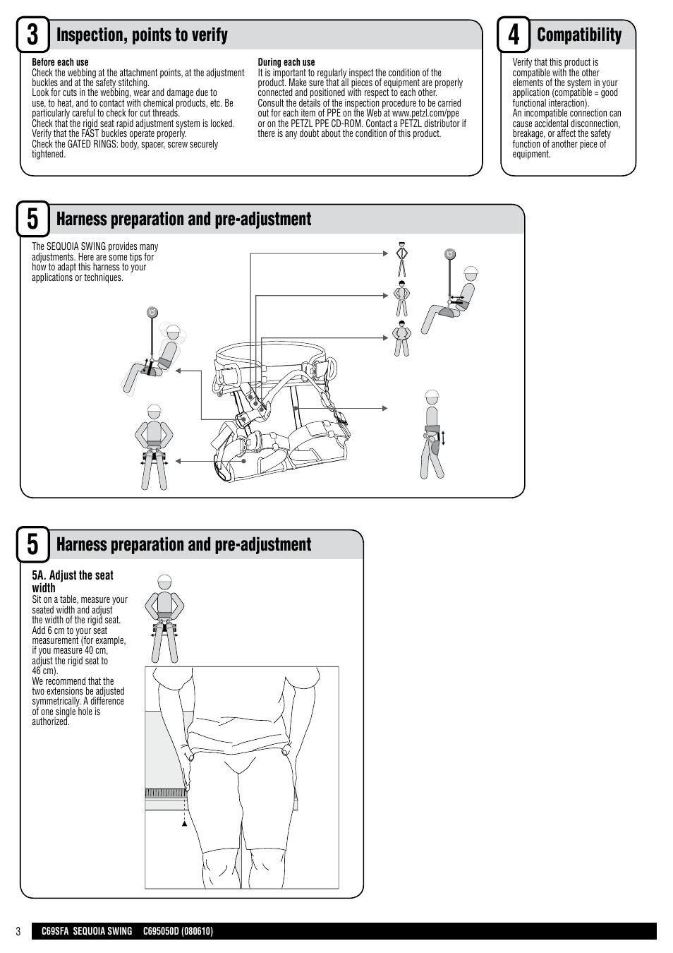 En + drawings, Harness preparation and pre-adjustment | Petzl SEQUOIA SWING User Manual | Page 3 / 26