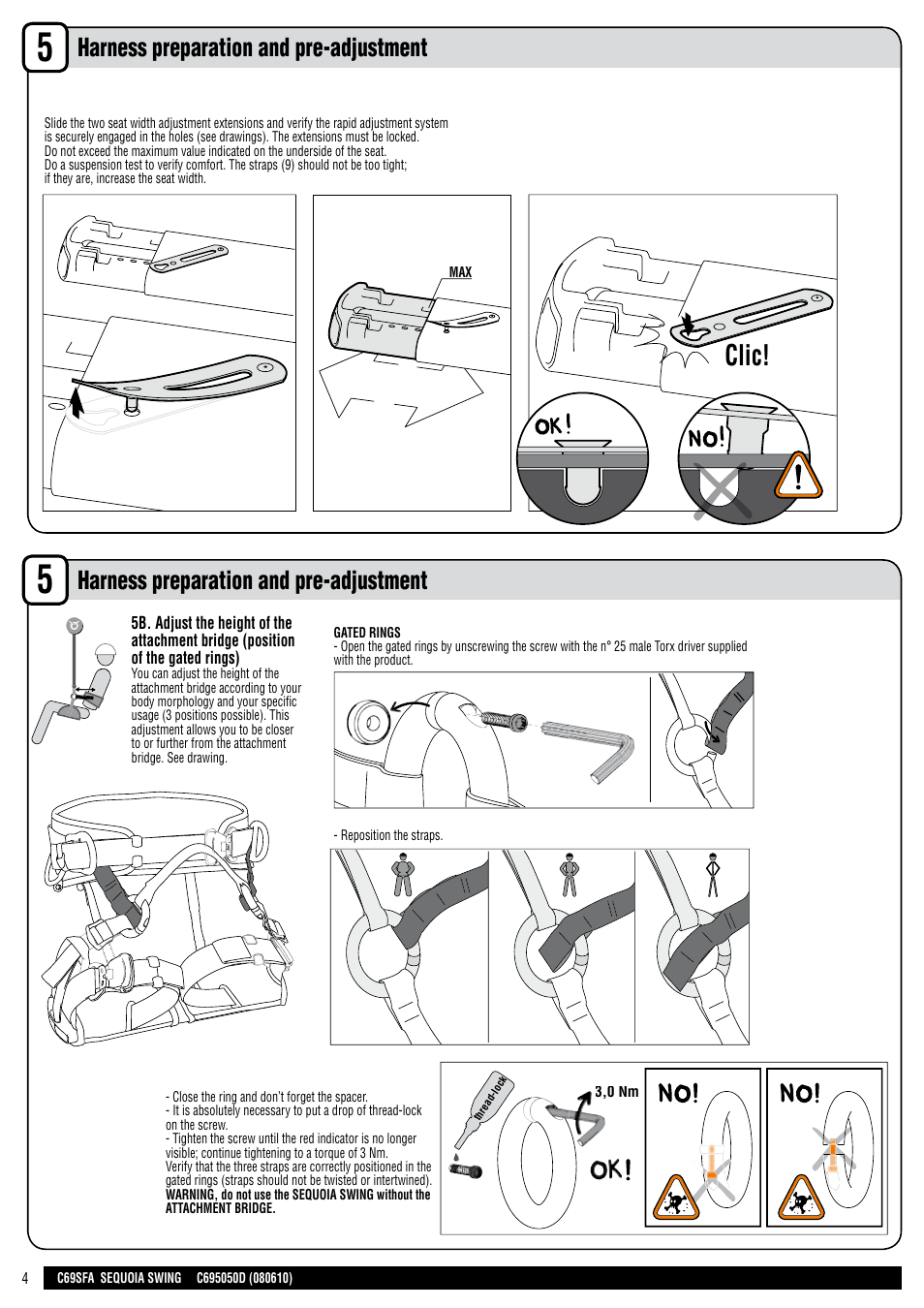 En + drawings, Clic, Harness preparation and pre-adjustment | Petzl SEQUOIA SWING User Manual | Page 4 / 26