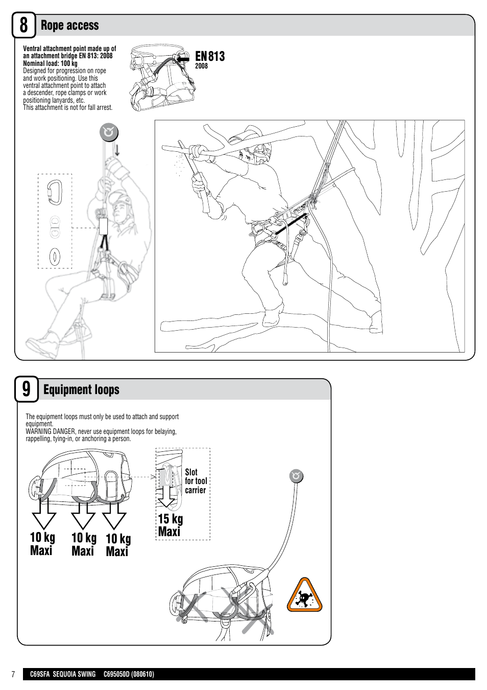 En + drawings, Rope access, Equipment loops | 15 kg maxi | Petzl SEQUOIA SWING User Manual | Page 7 / 26