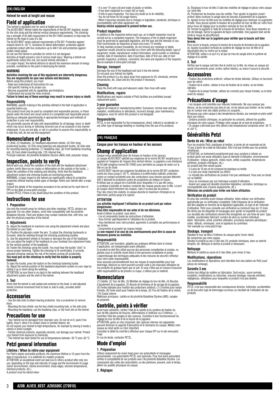 En / fr, Field of application, Nomenclature of parts | Inspection, points to verify, Instructions for use, Accessories, Precautions for use, Petzl general information, Champ d’application, Nomenclature | Petzl ALVEO BEST User Manual | Page 3 / 14