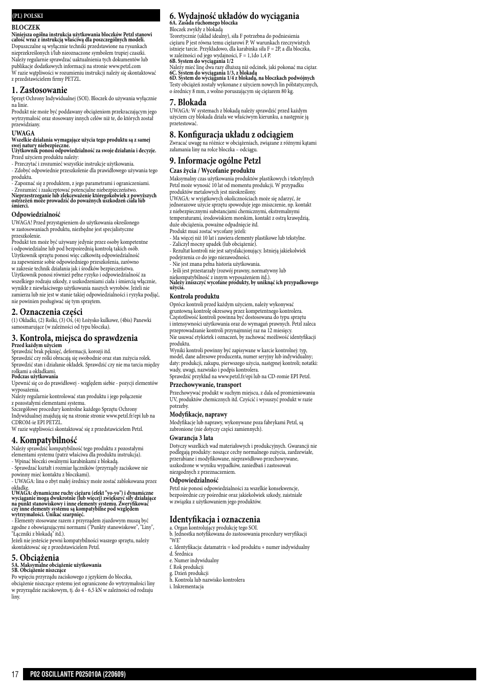 Zastosowanie, Oznaczenia części, Kontrola, miejsca do sprawdzenia | Kompatybilność, Obciążenia, Wydajność układów do wyciągania, Blokada, Konfiguracja układu z odciągiem, Informacje ogólne petzl, Identyfikacja i oznaczenia | Petzl OSCILLANTE User Manual | Page 17 / 23