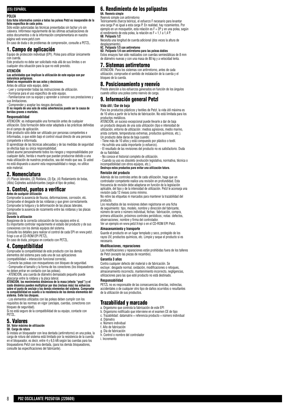 Campo de aplicación, Nomenclatura, Control, puntos a verificar | Compatibilidad, Valores, Rendimiento de los polipastos, Sistemas antirretorno, Posicionamiento y reenvío, Información general petzl, Trazabilidad y marcado | Petzl OSCILLANTE User Manual | Page 8 / 23