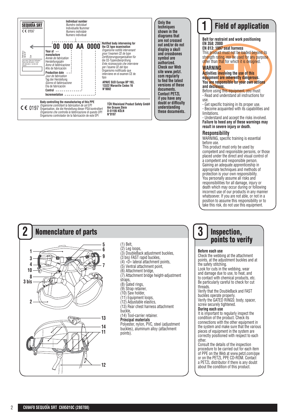 En + drawings, Field of application, Nomenclature of parts | Inspection, points to verify | Petzl SEQUOIA SRT User Manual | Page 2 / 26