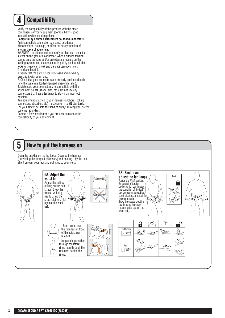 En + drawings, Compatibility, How to put the harness on | Petzl SEQUOIA SRT User Manual | Page 3 / 26