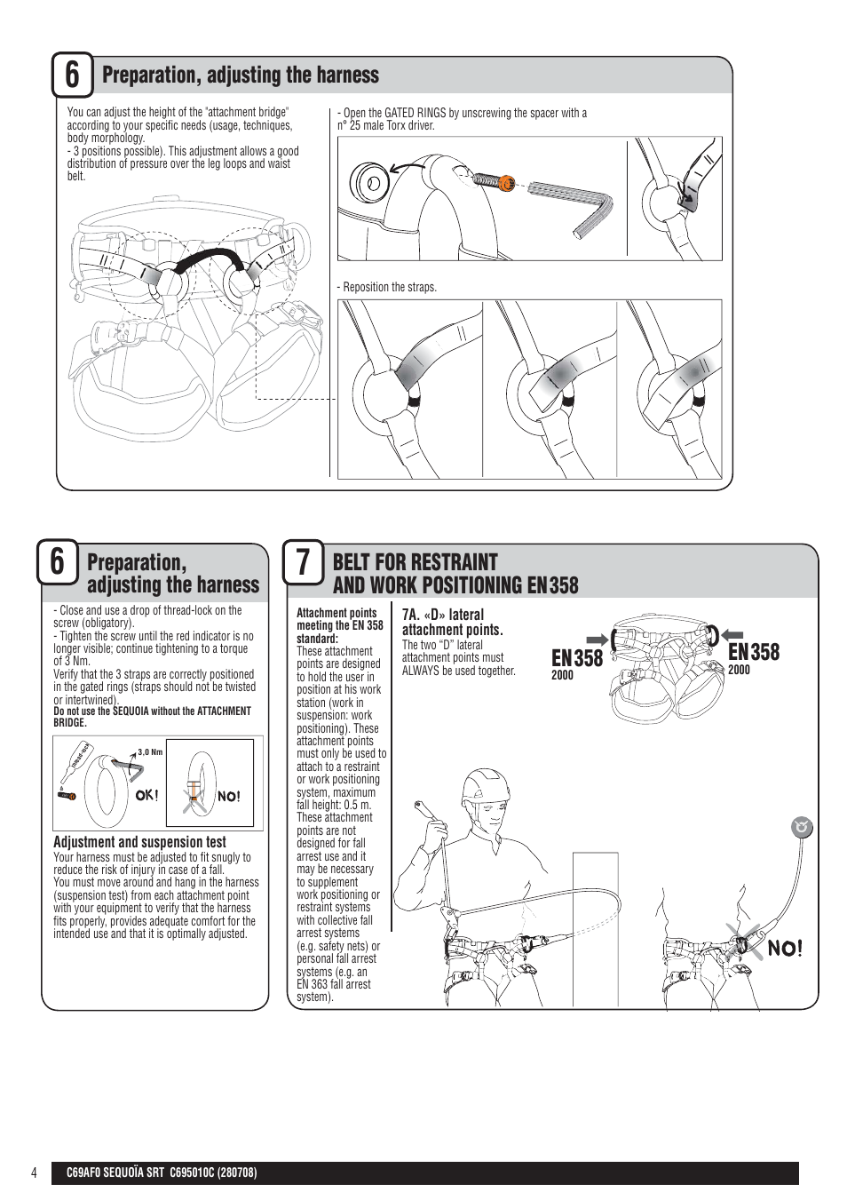 En + drawings, Preparation, adjusting the harness, Belt for restraint and work positioning en | 358 en | Petzl SEQUOIA SRT User Manual | Page 4 / 26